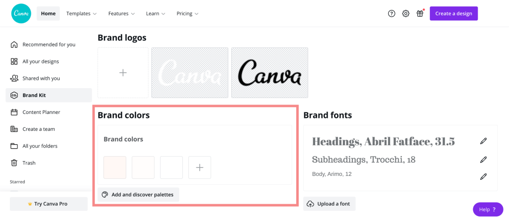 brand colors in the brand kit on Canva