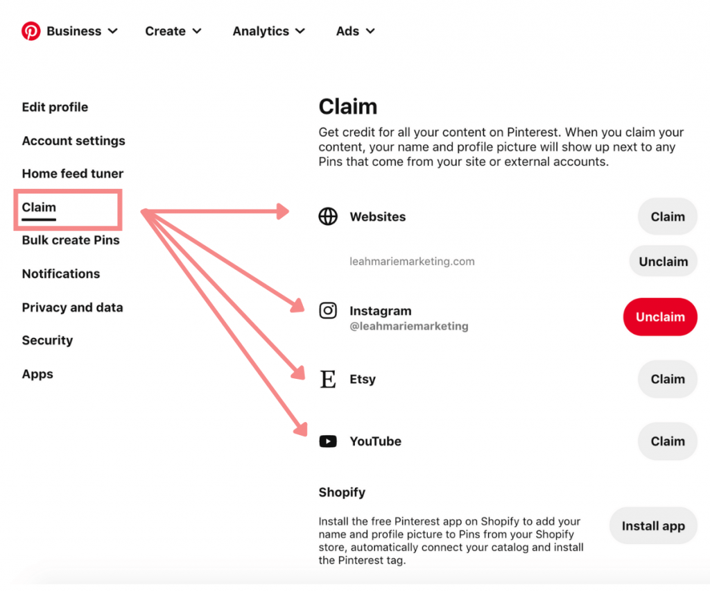 Claim accounts Pinterest