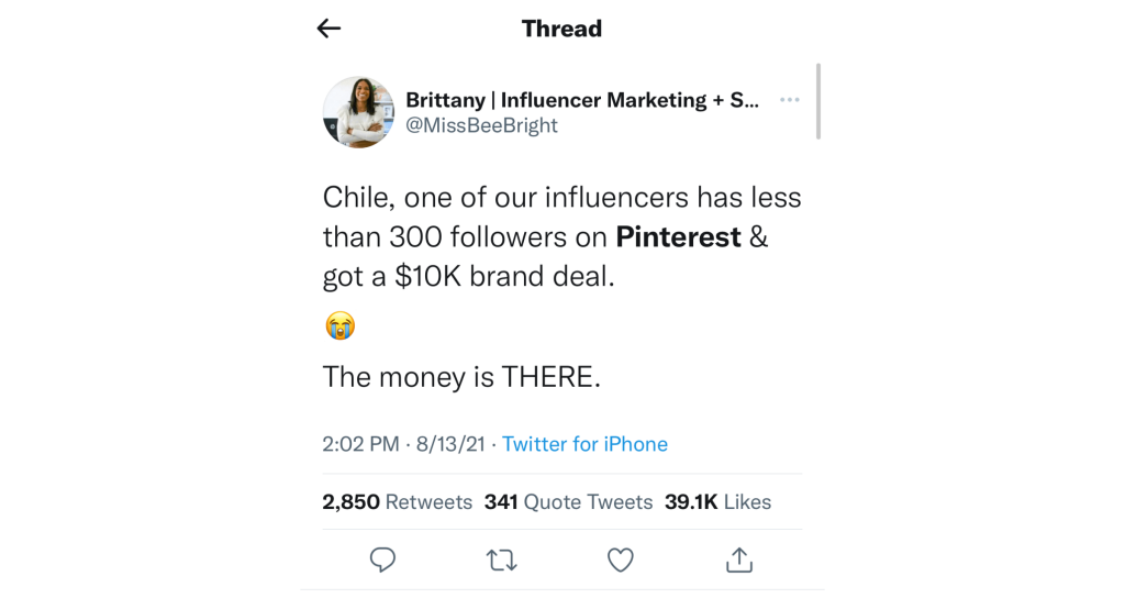 Pinterest influencer tweet