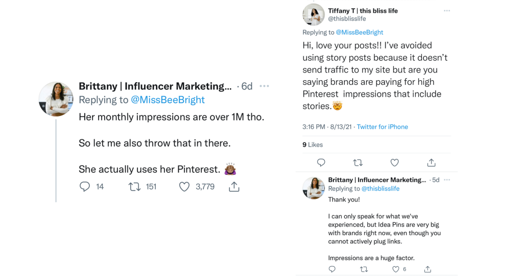 Pinterest influencer tweet about impressions