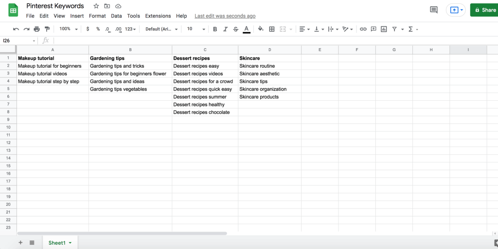 Pinterest keyword tracker idea in Google Sheets 