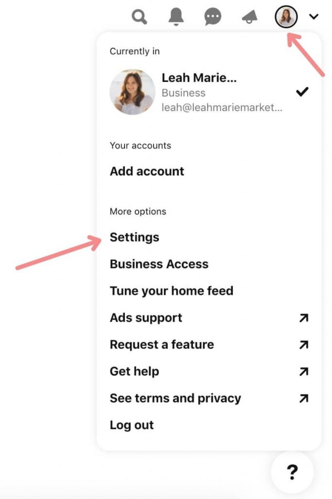 Pinterest account settings