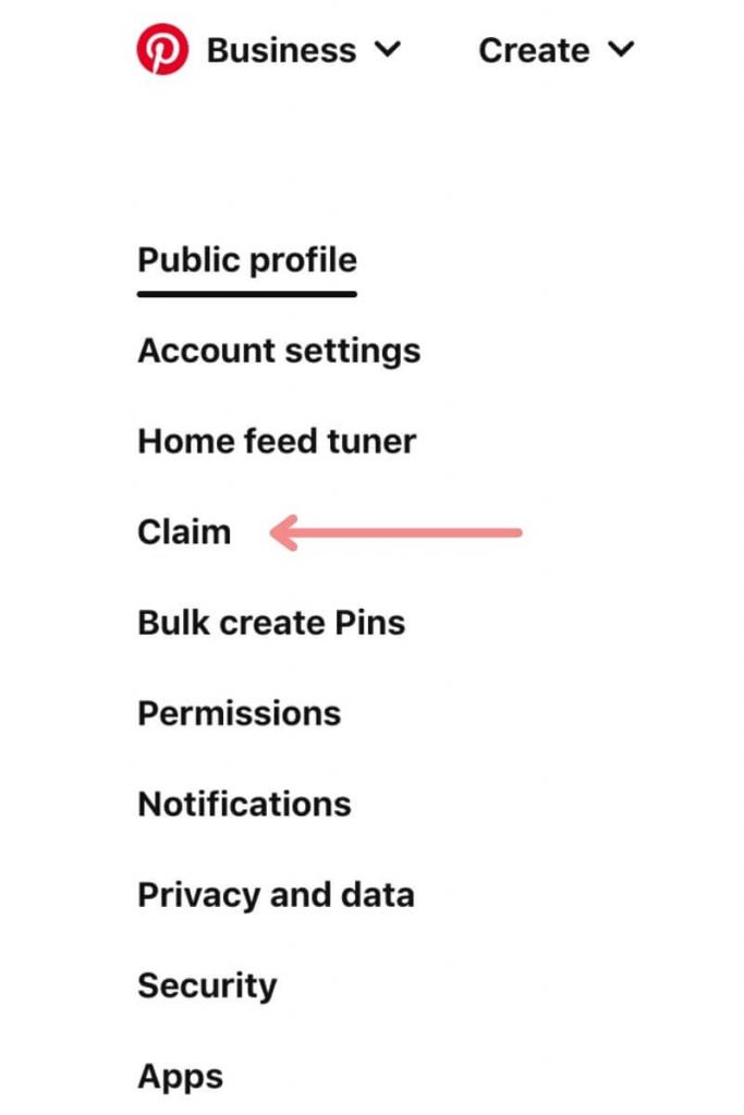 Pinterest claim settings