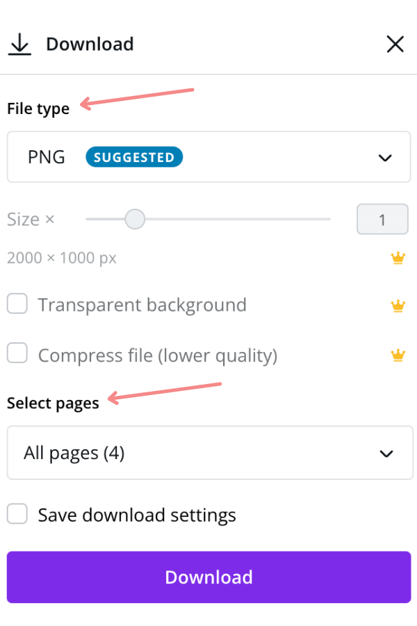 Canva download settings