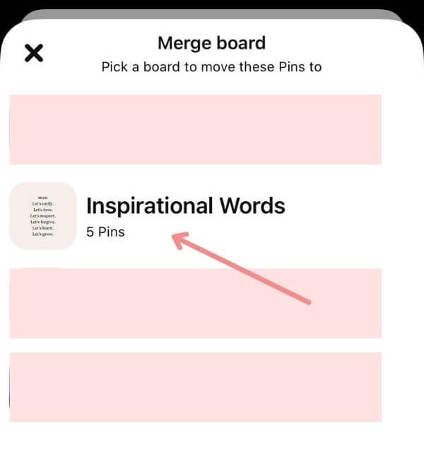 select Pinterest board to merge into