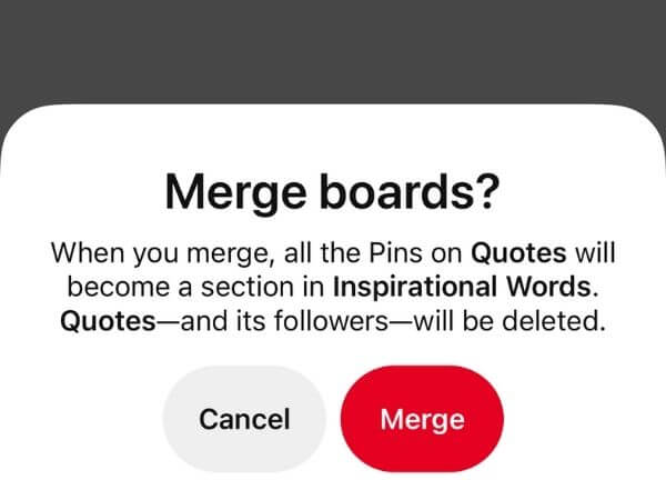 merge Pinterest boards warning