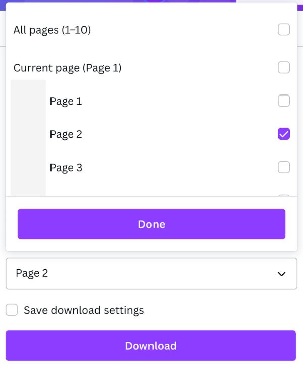downloading single pages Canva