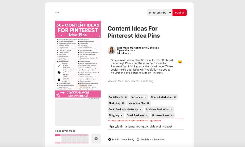 Pinterest pin details for video pin